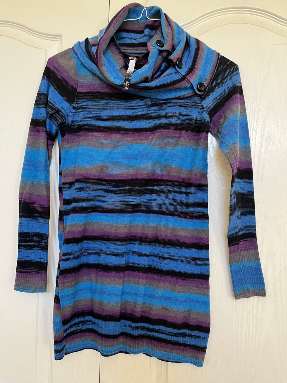 Kensie Blue, Purple & Black Striped Cowl Neck Sweater